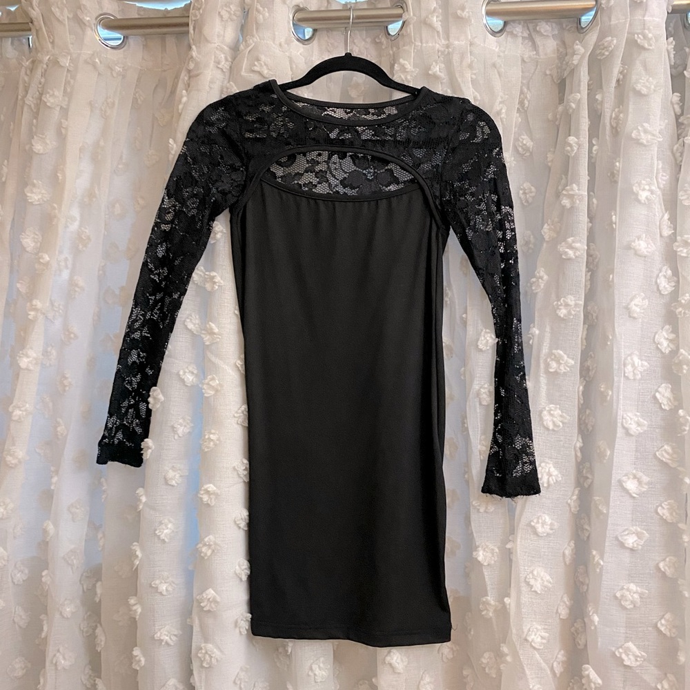 Black Floral Lace Long sleeve Mini Tight Slip/ Lingerie Dress